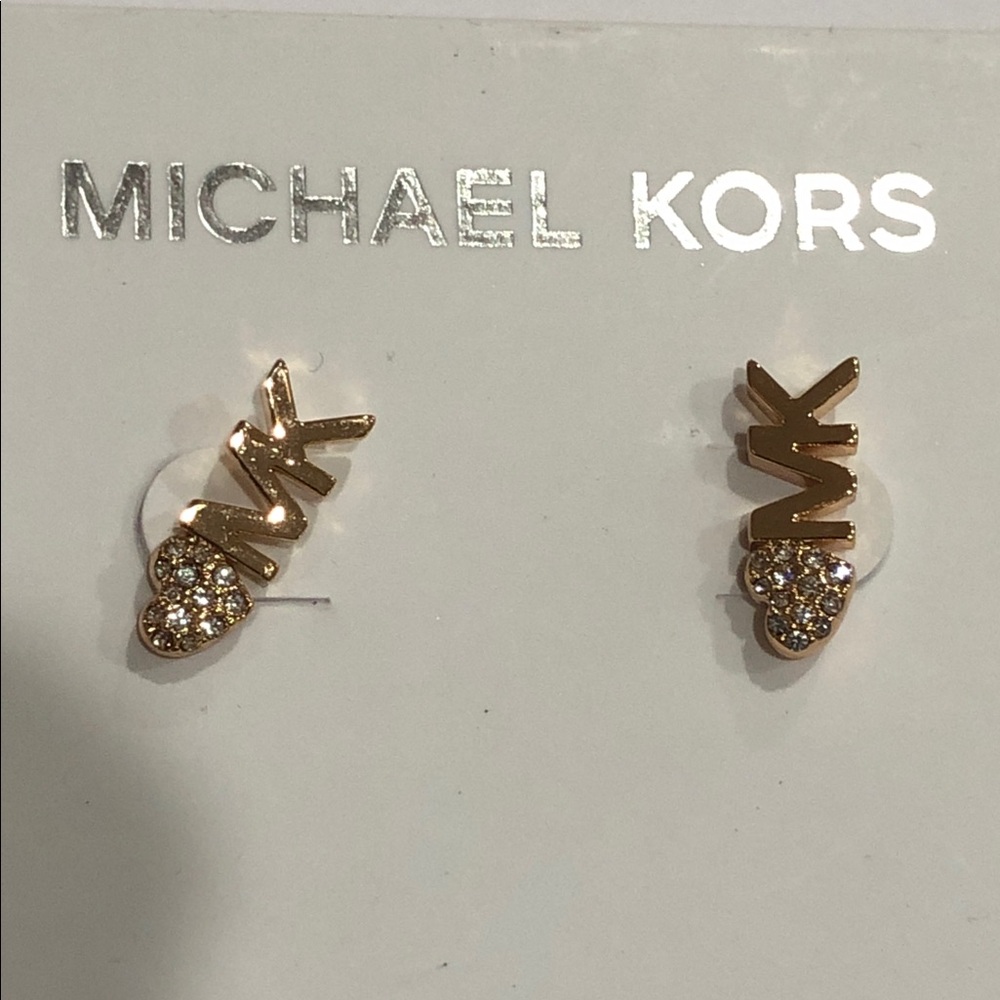 Michael Michael Kors gold tone MK monogram pave heart stud earrings new